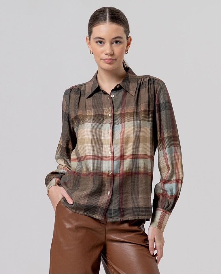 Chemise à carreaux à épaules froncées